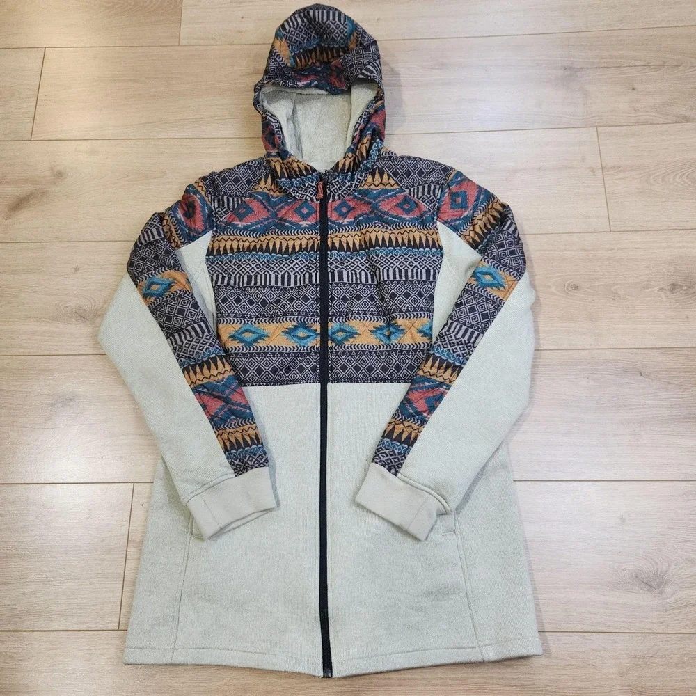 Burton Embry Jacket Womens Large Beige Aztec Southwestern Hooded Full Zip Fleece